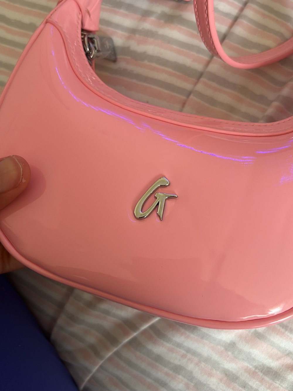 Glossy Pink Mini Shoulder Bag with Silver 'G' Accent